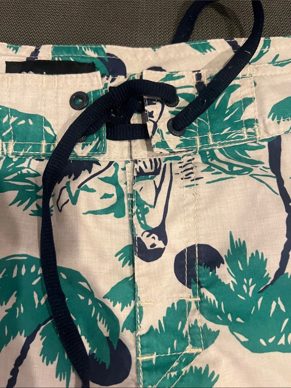 Brixton Cream Swim Shorts with Teal Palm Print and Navy Trim